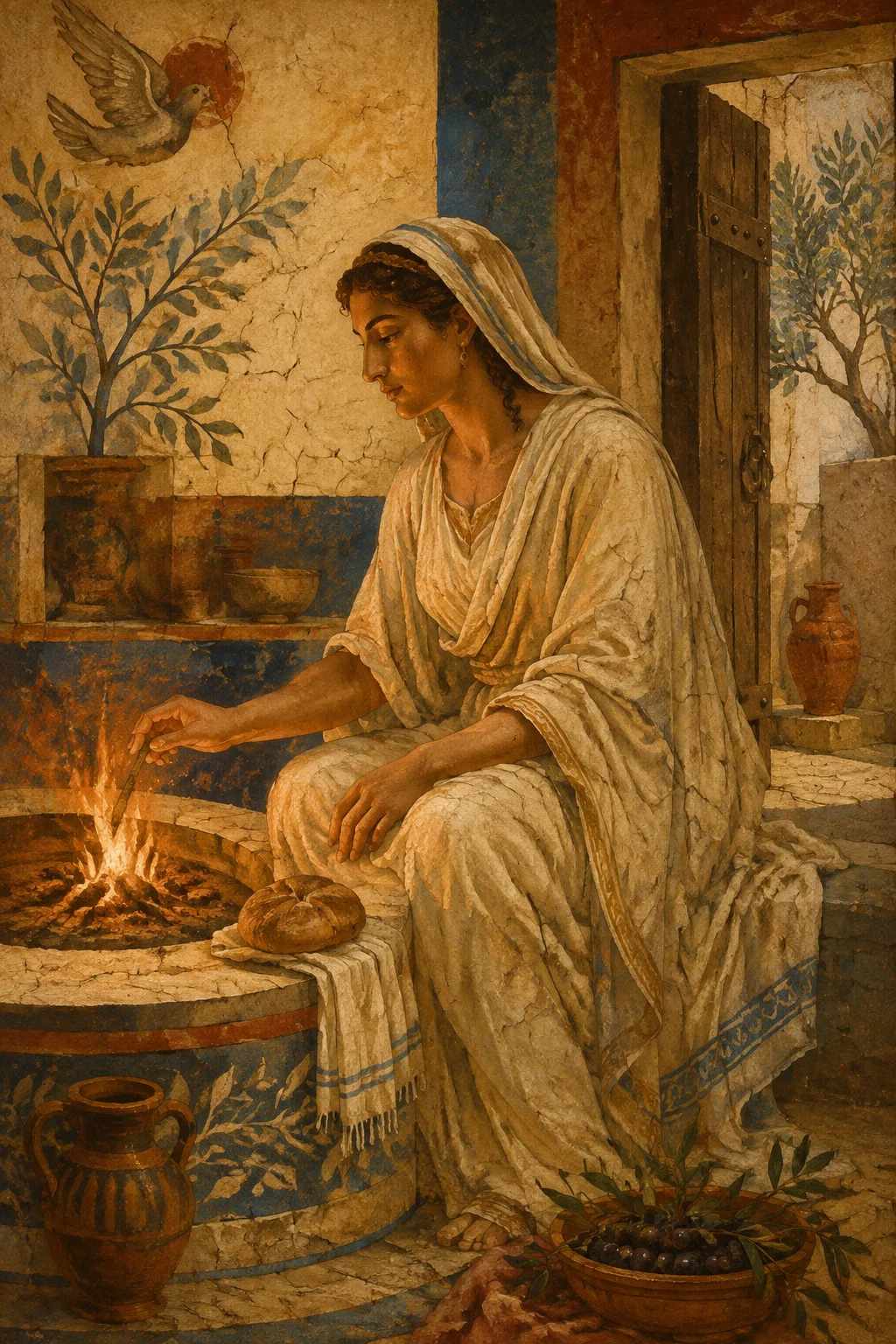 Ancient fresco interpretation of Hestia with a steady hearth flame, bread and terracotta vessels.