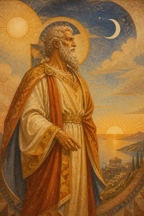 Ancient fresco interpretation of Hyperion with three celestial lights and a vast dawn horizon.