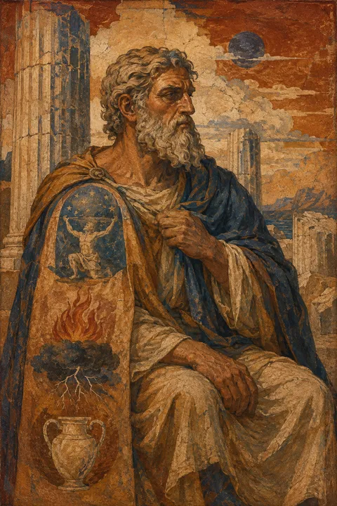 Ancient fresco interpretation of Iapetus with colossal stone columns and symbols of his Titan family.