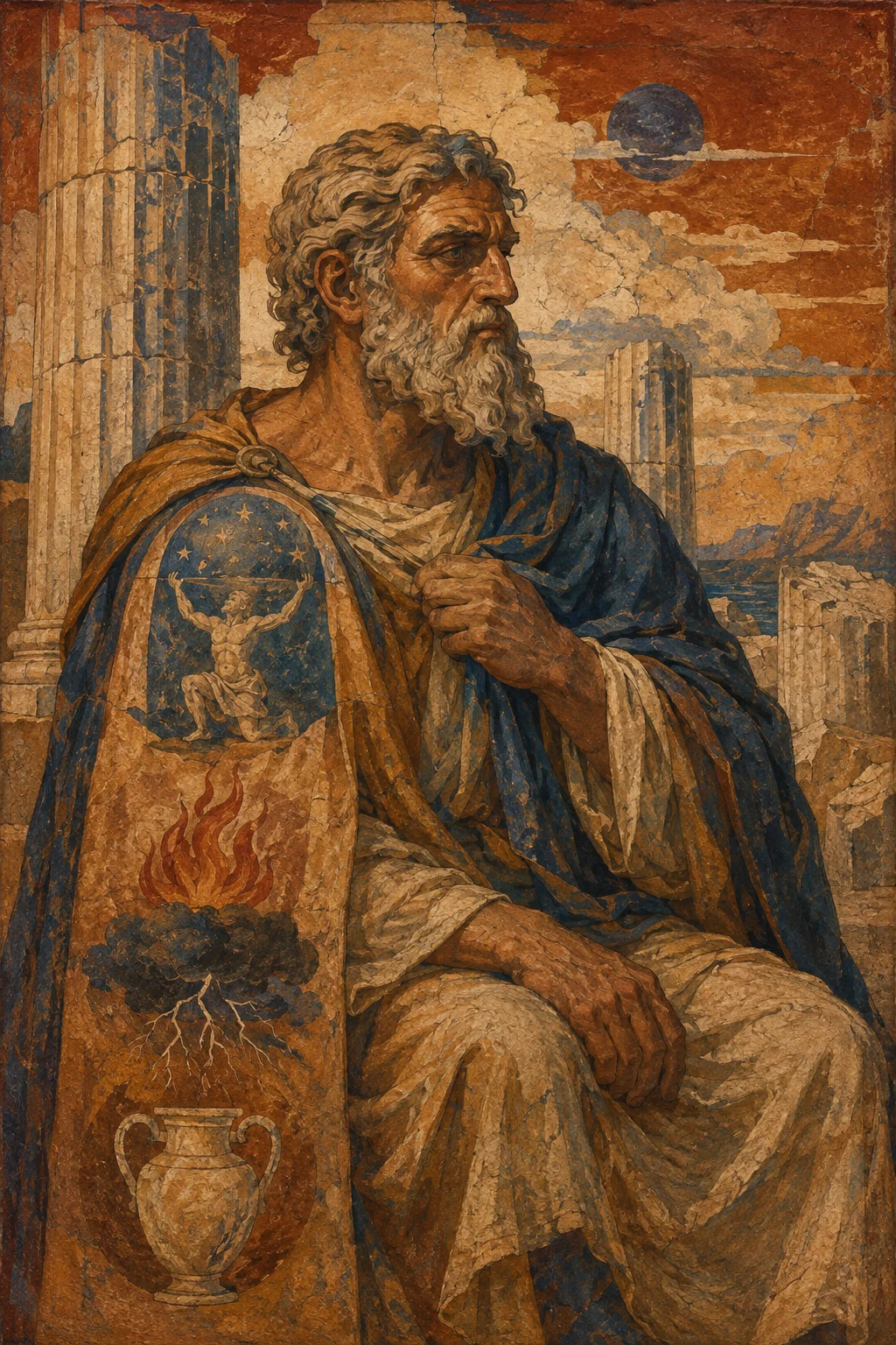 Ancient fresco interpretation of Iapetus with colossal stone columns and symbols of his Titan family.