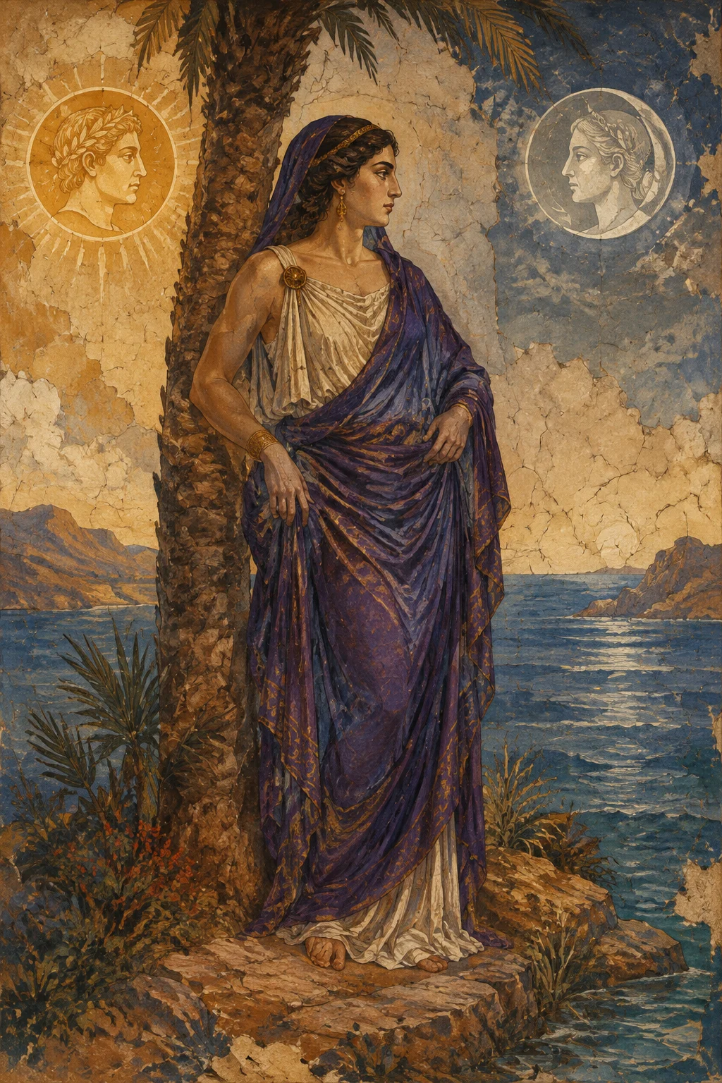 Ancient fresco interpretation of Leto with a palm tree, an island refuge and twin lights.
