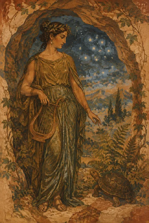 Ancient fresco interpretation of Maia with an Arcadian cave, a tortoise and distant stars.