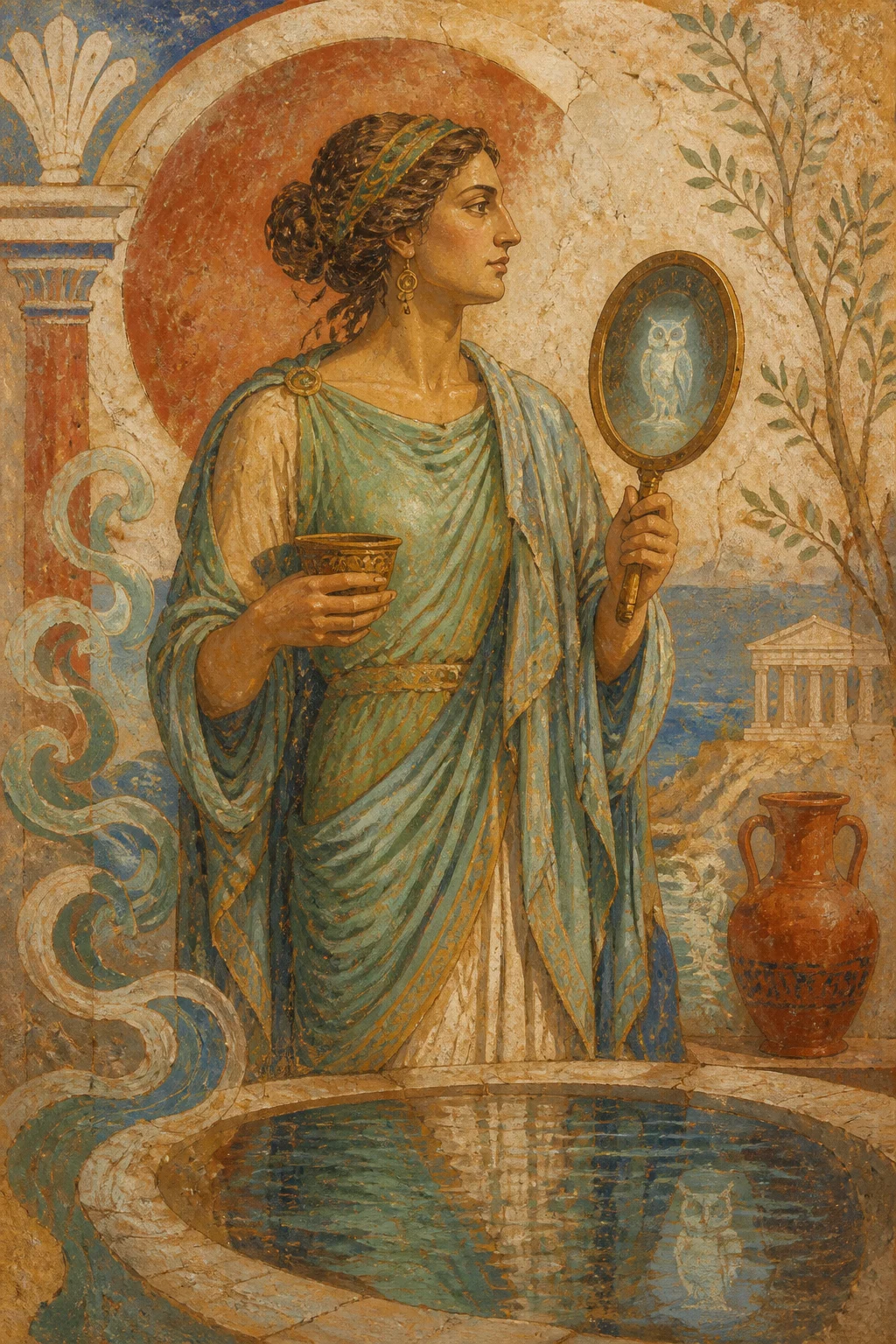 Ancient fresco interpretation of Metis with a medicinal cup, a mirror and winding water.