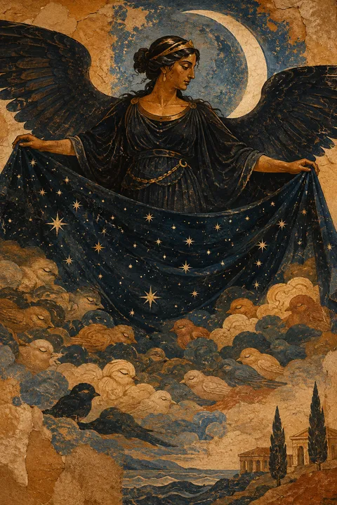 Ancient fresco interpretation of Nyx with a star-filled veil and dark wings.