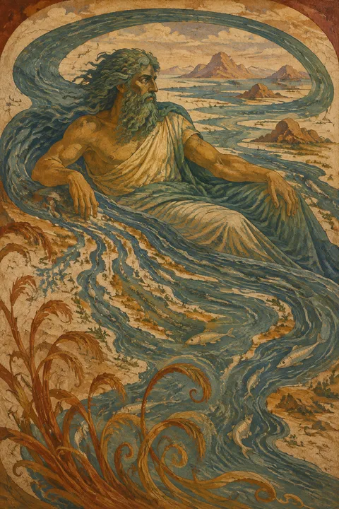 Ancient fresco interpretation of Oceanus with an encircling river, reeds and silver fish.