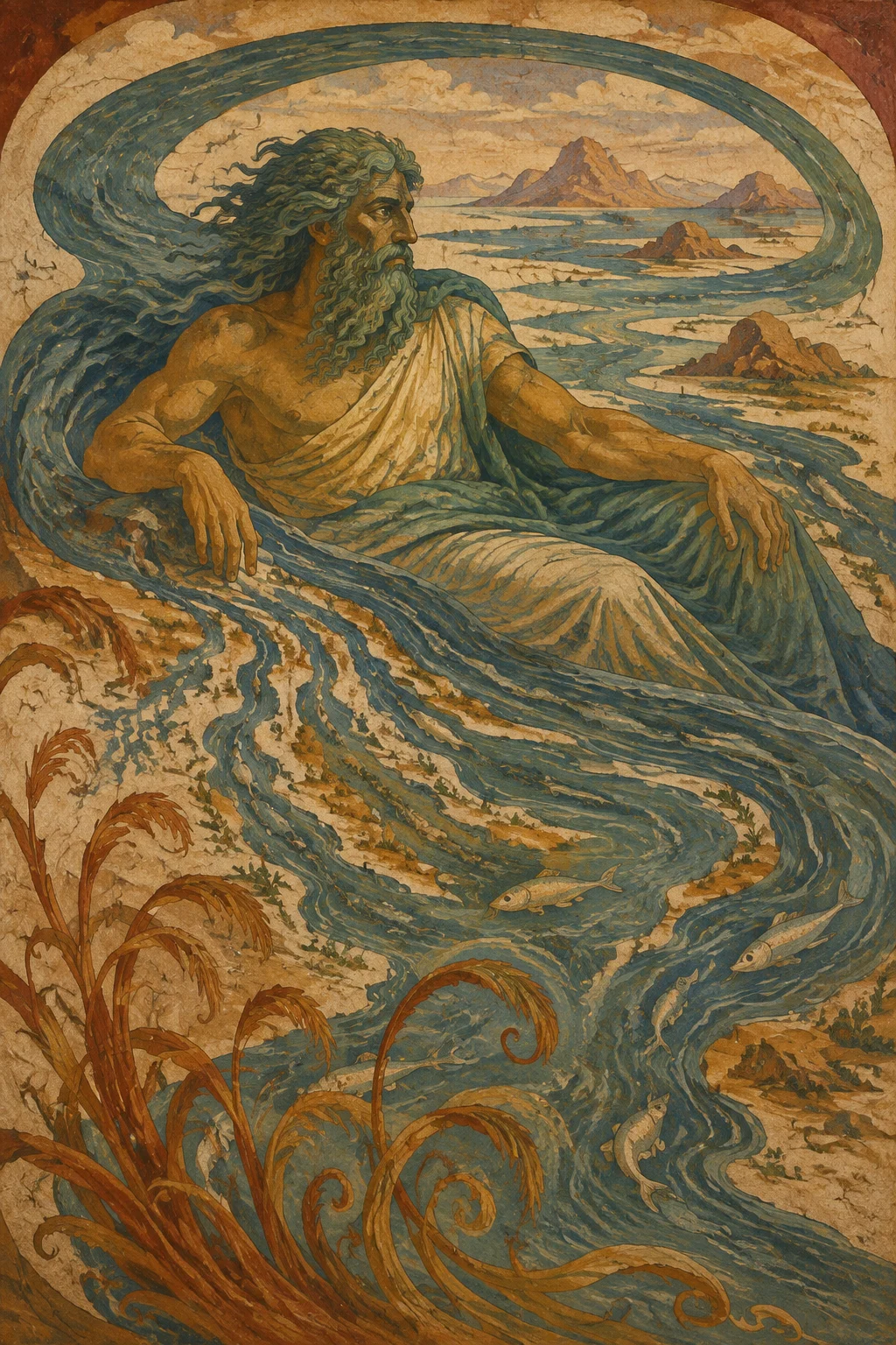 Ancient fresco interpretation of Oceanus with an encircling river, reeds and silver fish.