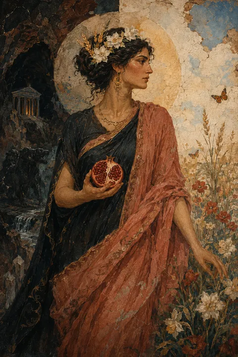 Ancient fresco interpretation of Persephone with a pomegranate and spring flowers beside a cavern.