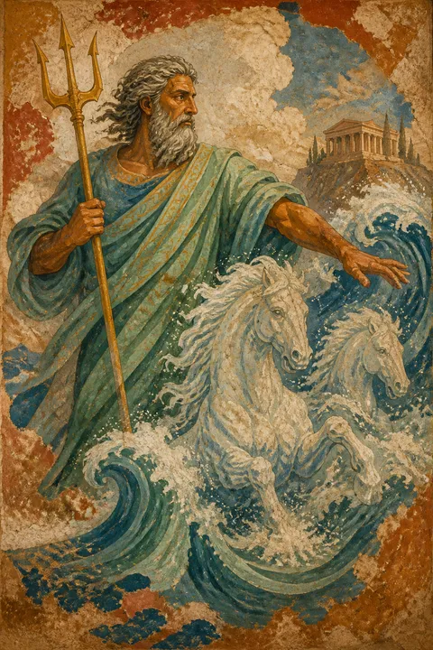 Ancient fresco interpretation of Poseidon with a trident, breaking waves and sea-foam horses.