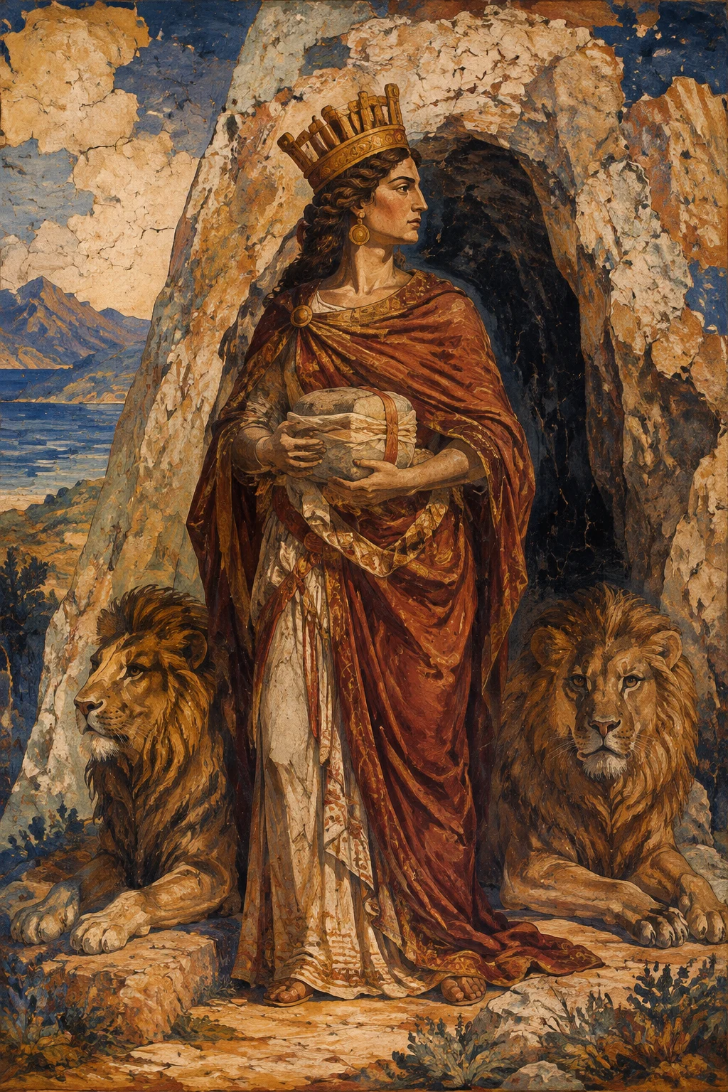 Ancient fresco interpretation of Rhea with lions, a mountain cave and a wrapped stone.
