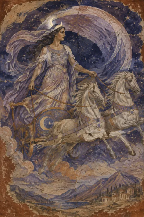 Ancient fresco interpretation of Selene with a crescent diadem and a moonlit chariot.