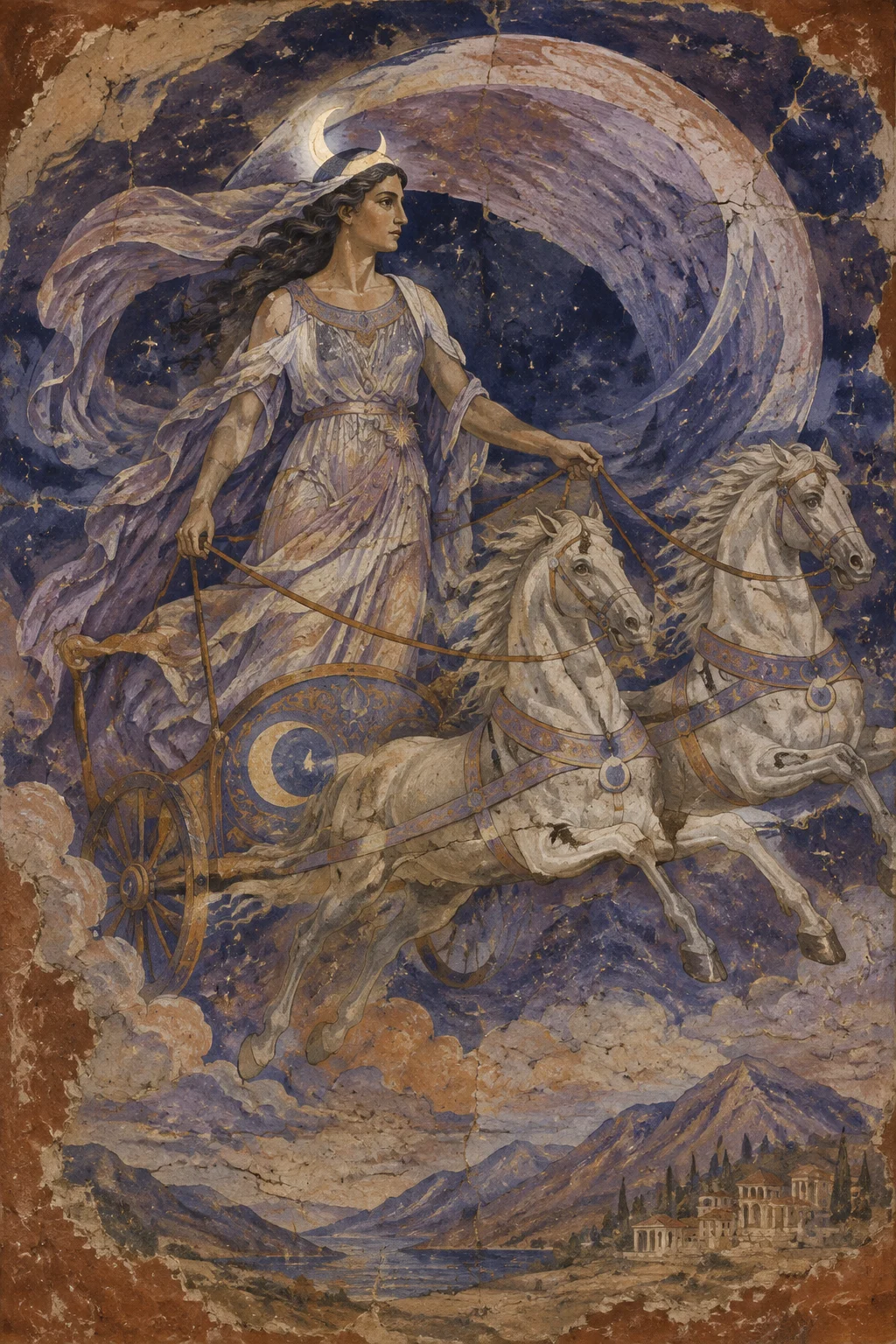 Ancient fresco interpretation of Selene with a crescent diadem and a moonlit chariot.