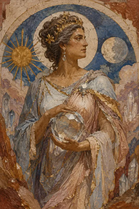 Ancient fresco interpretation of Theia with crystals, gold veins and refracted celestial light.