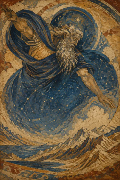 Ancient fresco interpretation of Uranus with a starry celestial dome above mountains.