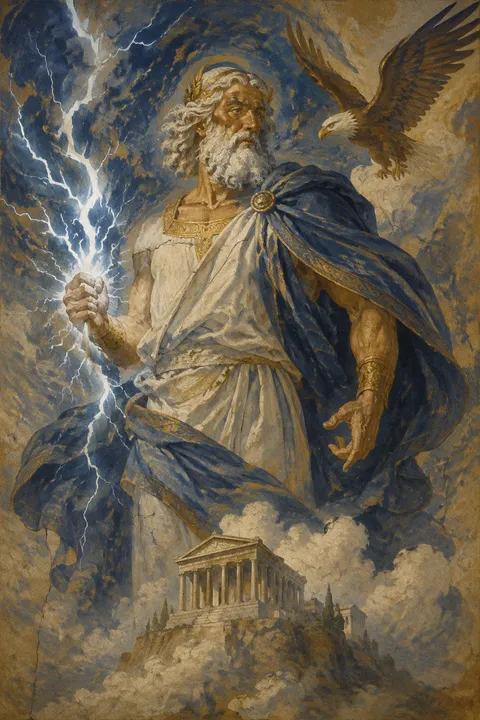 Ancient fresco interpretation of Zeus with an eagle and branching lightning.
