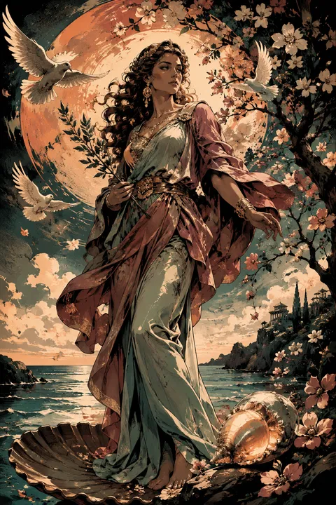 Graphic novel interpretation of Aphrodite with myrtle, doves and an opalescent shore.