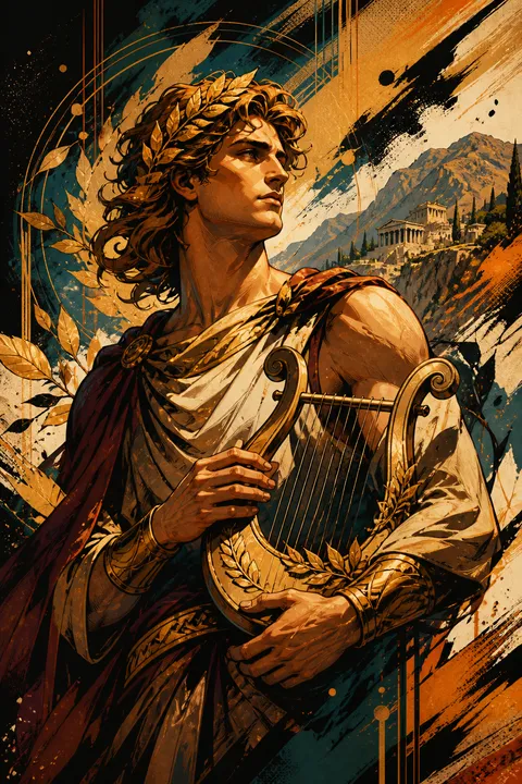 Graphic novel interpretation of Apollo with a lyre, laurel leaves and a mountain sanctuary.