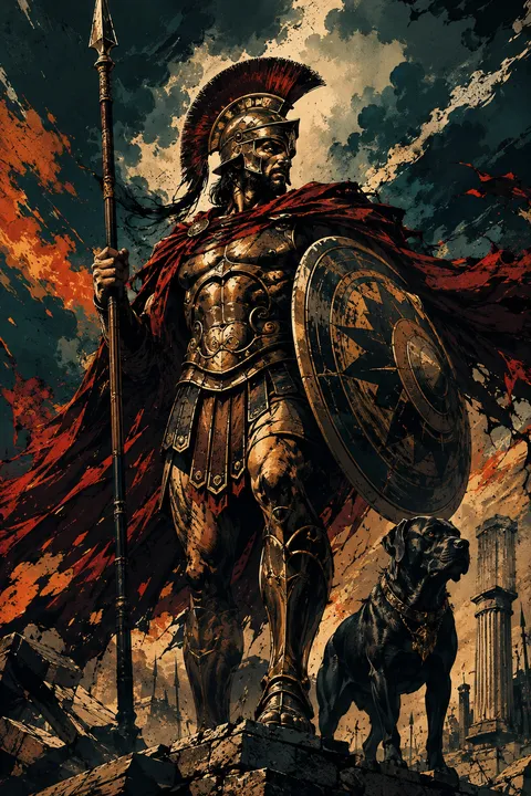 Graphic novel interpretation of Ares with a bronze helmet, spear and round shield.