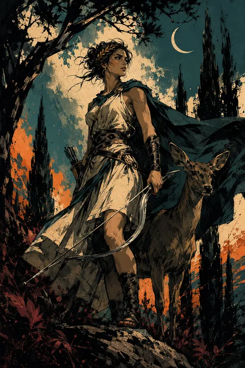 Graphic novel interpretation of Artemis with a bow, a deer and a wild cypress forest.