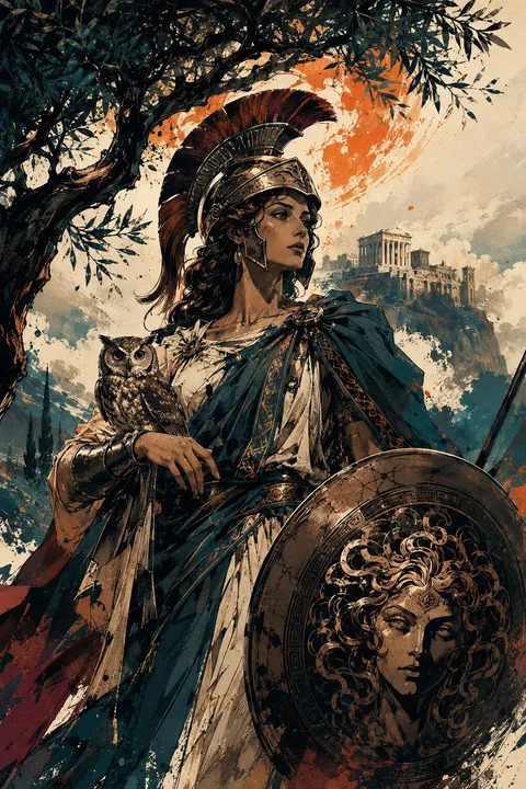 Graphic novel interpretation of Athena with an owl, a crested helmet and olive branches.