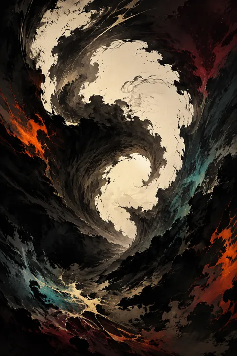 Graphic novel interpretation of Chaos with a primordial chasm and the first threads of light.
