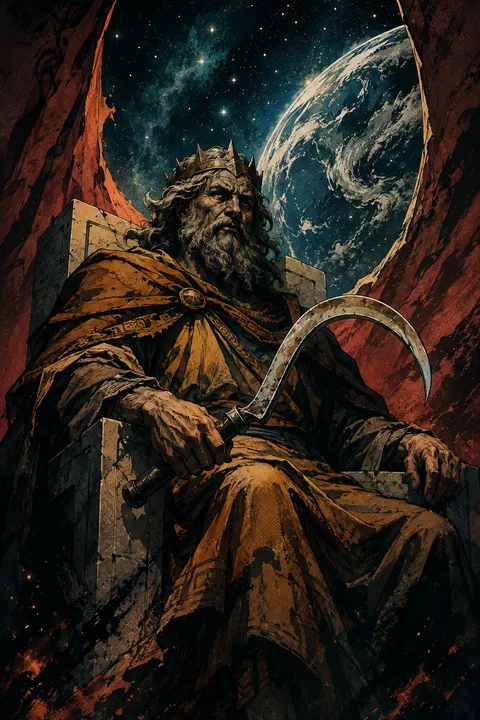 Graphic novel interpretation of Cronus with a curved sickle and a stark stone throne.