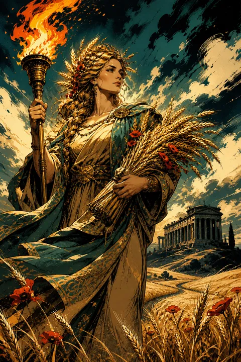 Graphic novel interpretation of Demeter with wheat, poppies and a glowing torch.