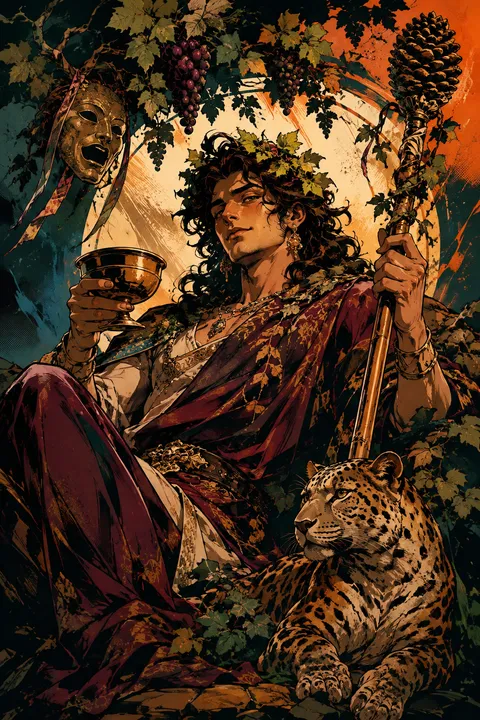 Graphic novel interpretation of Dionysus with ivy, grapes, a thyrsus and a theatre mask.