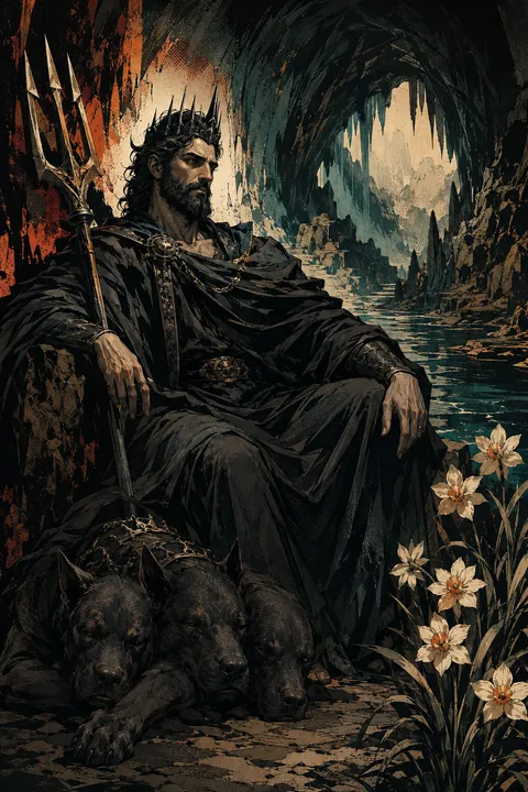 Graphic novel interpretation of Hades with a bident, an underground river and three-headed Cerberus.