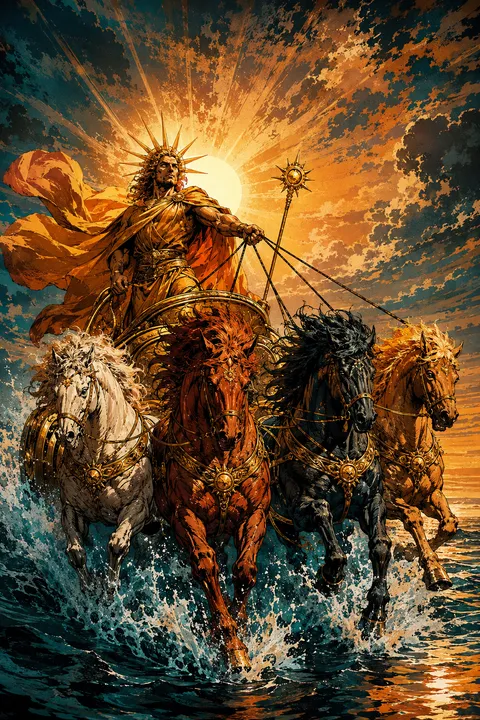 Graphic novel interpretation of Helios with a radiant crown and a four-horse sun chariot.