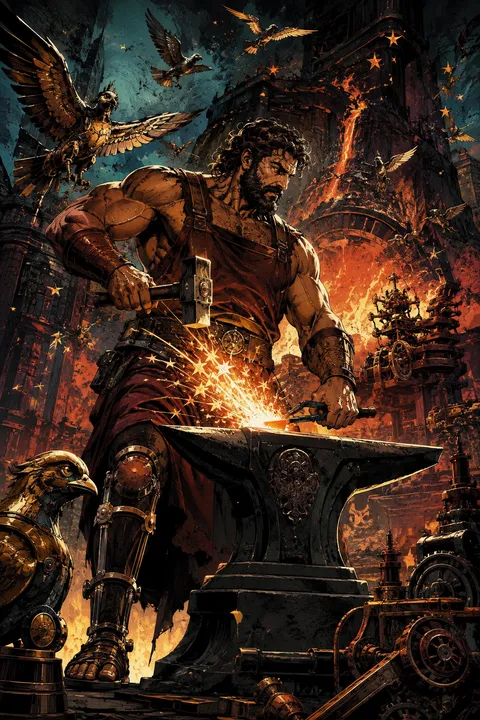 Graphic novel interpretation of Hephaestus with an anvil, a hammer and intricate bronze inventions.