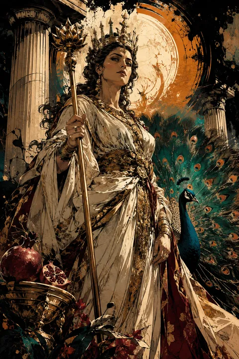Graphic novel interpretation of Hera with a peacock, a crown and a royal scepter.