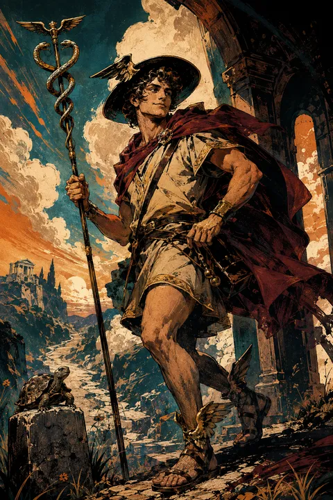 Graphic novel interpretation of Hermes with winged sandals, a herald’s staff and a tortoise.