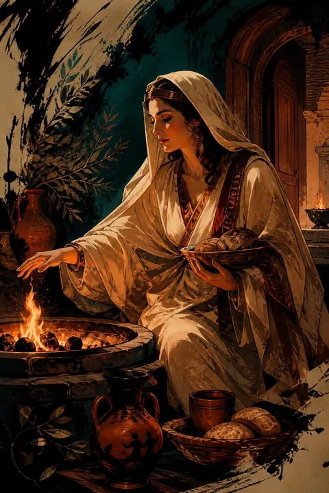Graphic novel interpretation of Hestia with a steady hearth flame, bread and terracotta vessels.