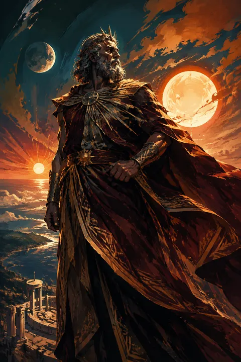 Graphic novel interpretation of Hyperion with three celestial lights and a vast dawn horizon.