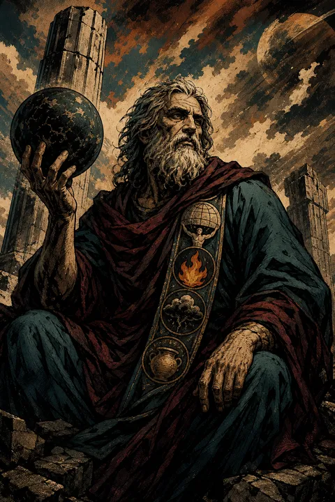 Graphic novel interpretation of Iapetus with colossal stone columns and symbols of his Titan family.