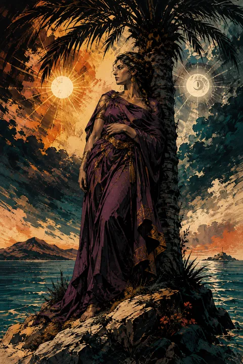 Graphic novel interpretation of Leto with a palm tree, an island refuge and twin lights.