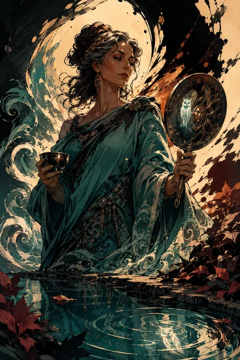 Graphic novel interpretation of Metis with a medicinal cup, a mirror and winding water.