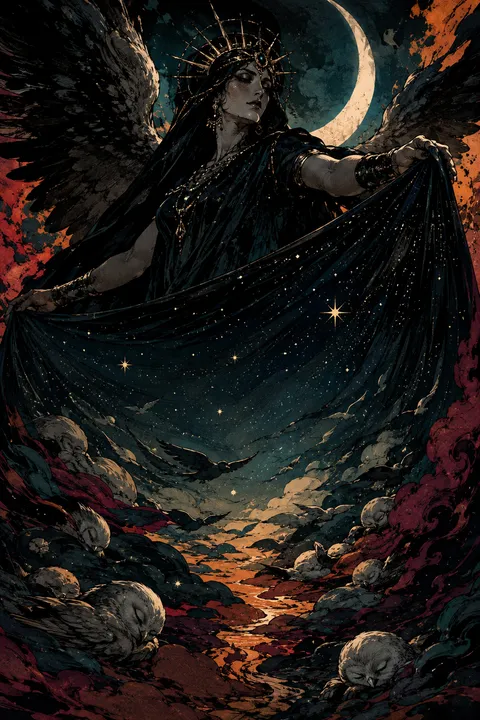 Graphic novel interpretation of Nyx with a star-filled veil and dark wings.