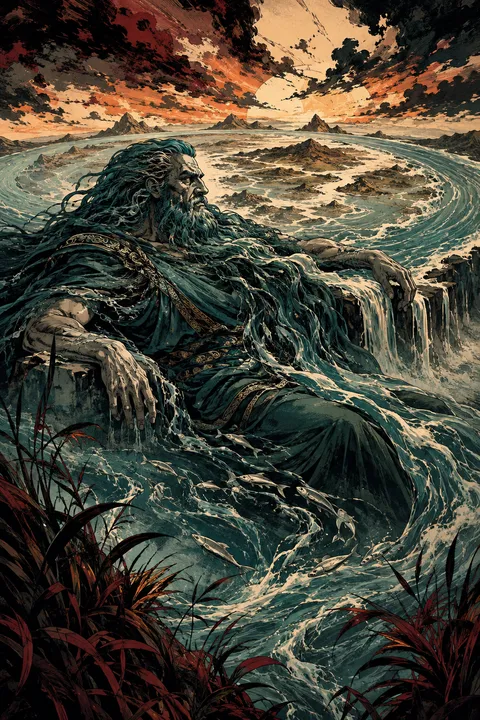 Graphic novel interpretation of Oceanus with an encircling river, reeds and silver fish.