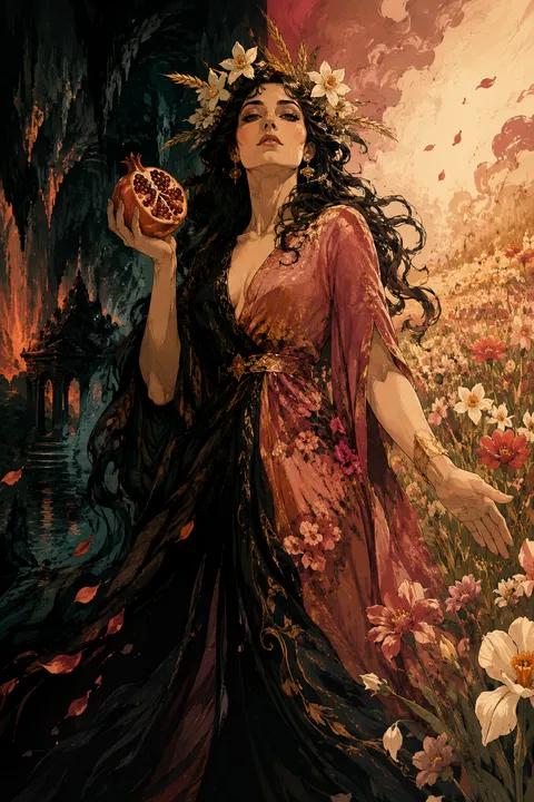Graphic novel interpretation of Persephone with a pomegranate and spring flowers beside a cavern.