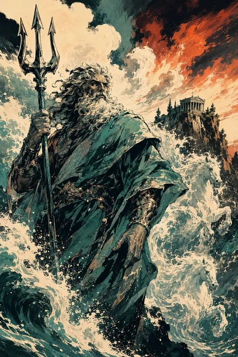 Graphic novel interpretation of Poseidon with a trident, breaking waves and sea-foam horses.