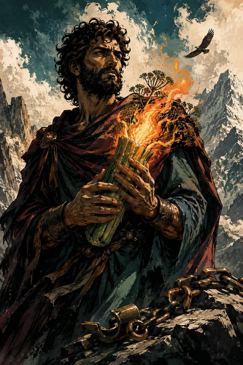 Graphic novel interpretation of Prometheus with a fennel stalk carrying fire and a mountain chain.