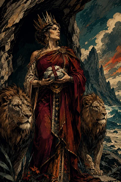 Graphic novel interpretation of Rhea with lions, a mountain cave and a wrapped stone.