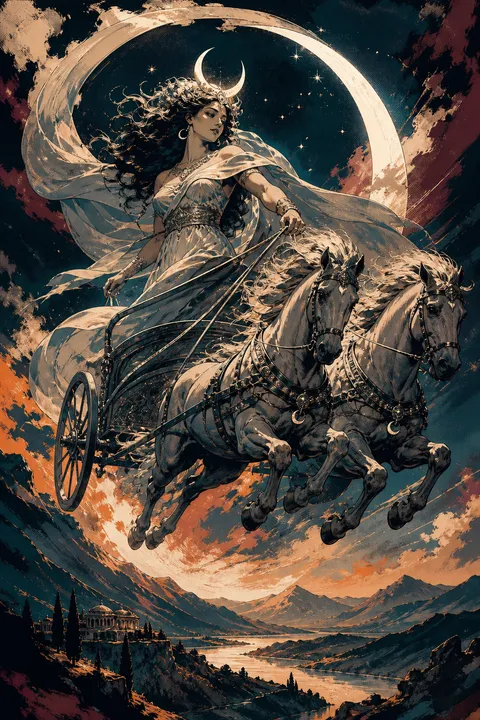 Graphic novel interpretation of Selene with a crescent diadem and a moonlit chariot.