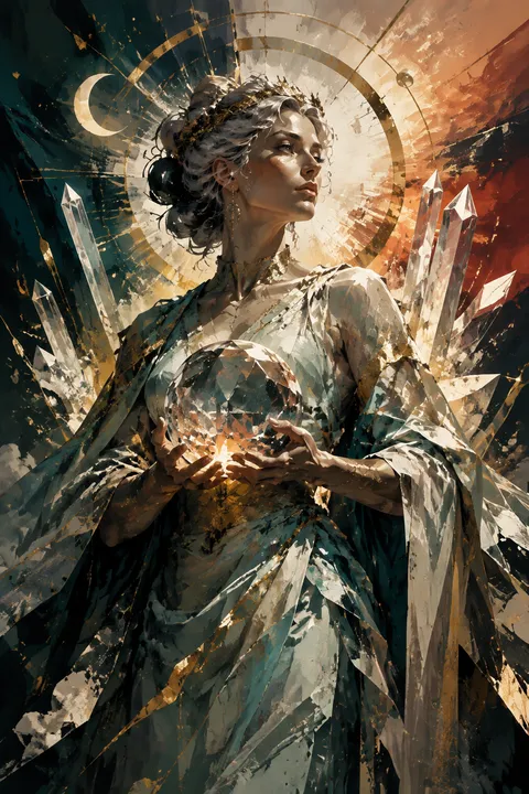 Graphic novel interpretation of Theia with crystals, gold veins and refracted celestial light.
