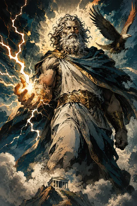 Graphic novel interpretation of Zeus with an eagle and branching lightning.