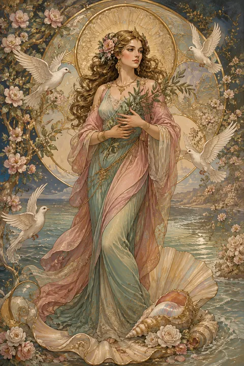 Art Nouveau interpretation of Aphrodite with myrtle, doves and an opalescent shore.