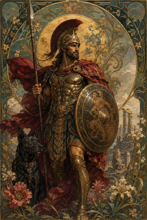 Art Nouveau interpretation of Ares with a bronze helmet, spear and round shield.