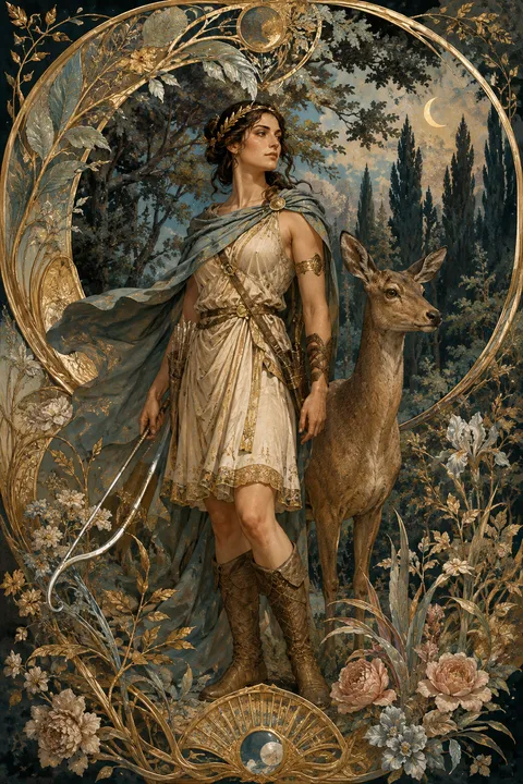 Art Nouveau interpretation of Artemis with a bow, a deer and a wild cypress forest.