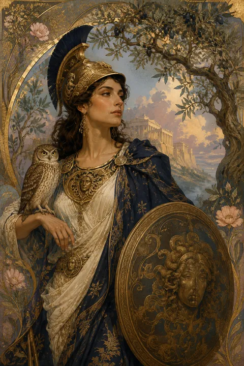 Art Nouveau interpretation of Athena with an owl, a crested helmet and olive branches.